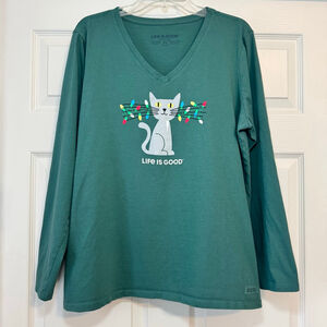 Life is Good Green Cat Christmas Lights Long Sleeve Crusher Tee XL